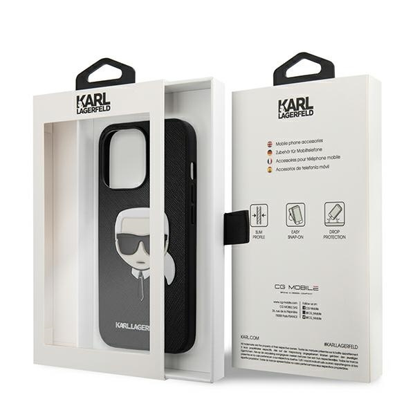 Puzdro KARL LAGERFELD Apple iPhone 13 Pro Saffiano Ikonik Karl`s Head Black Hardcase